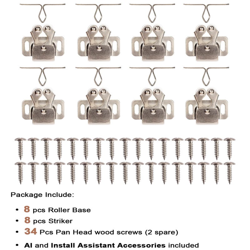Keenkee 8 PCS Cabinet Latch Double Roller Catch Hardware for Cupboard Closet Cabinet Door Latches and Catches, Nickel - Image 2